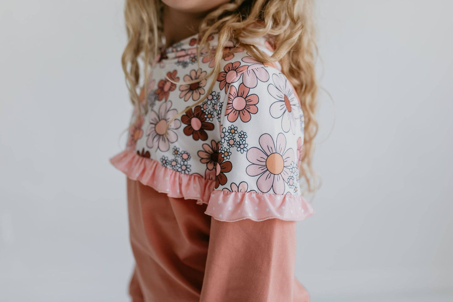 Girls Desert Tan Retro Flower Ruffle Hoodie Lounge Set
