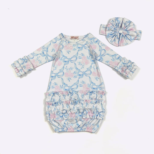 Blue Bow Trellis Baby Gown