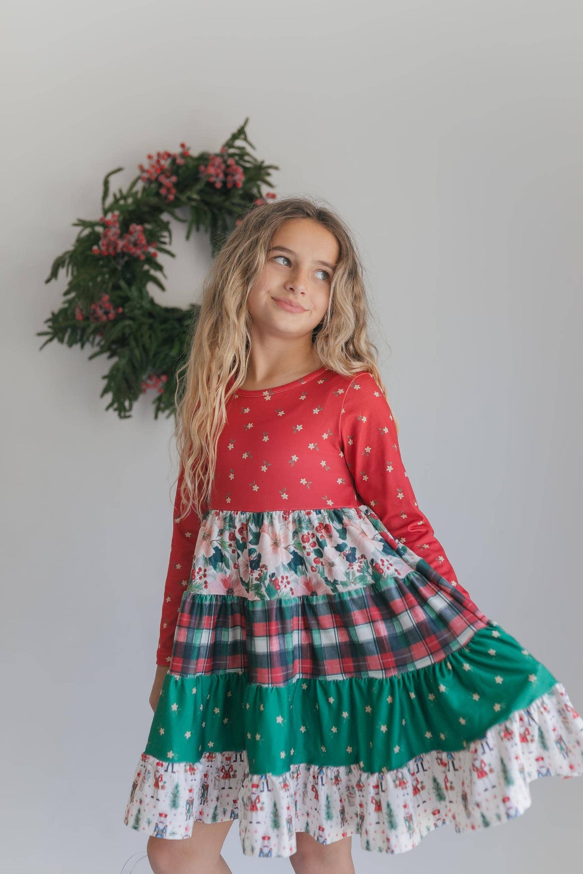 Oopsie Daisy - Girls Avery Long Sleeve Tiered Christmas Holiday Twirl Dress