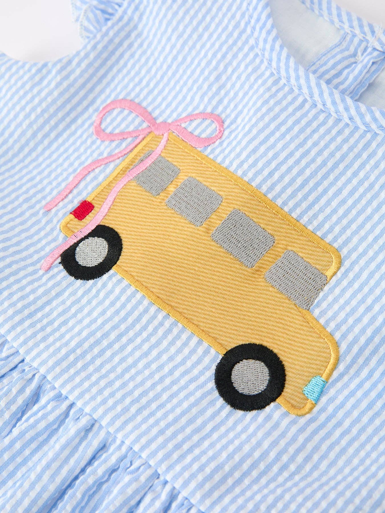 Rylee Faith Designs - Summer Bus Applique Girls Dress Blue Stripe Ruffle