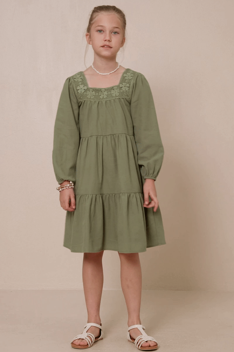 Hayden LA - Girls Lace Trimmed Square Neck Tiered Dress
