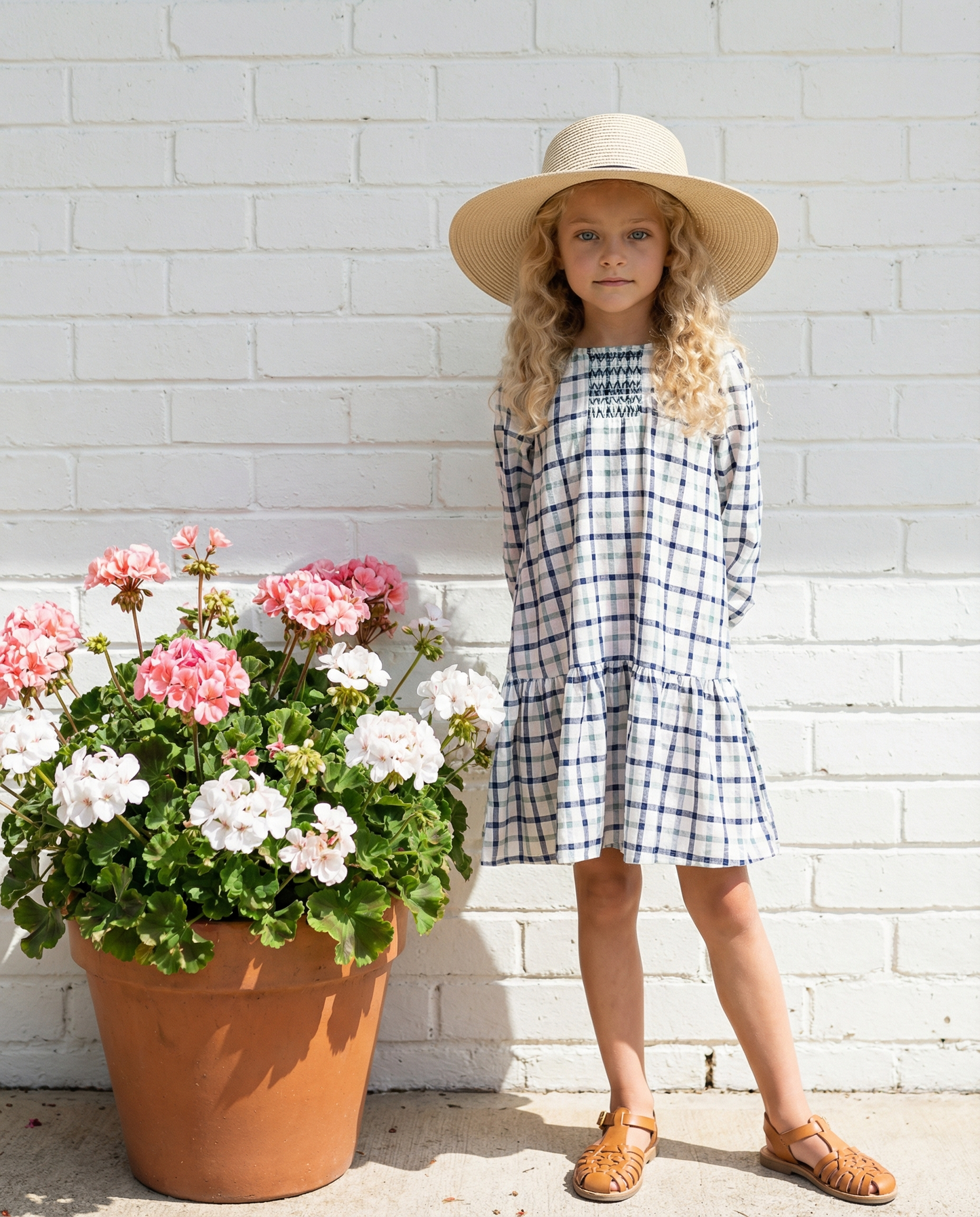 Oopsie Daisy - Girls Navy & White Plaid Smocked Ruffle Spring Dress