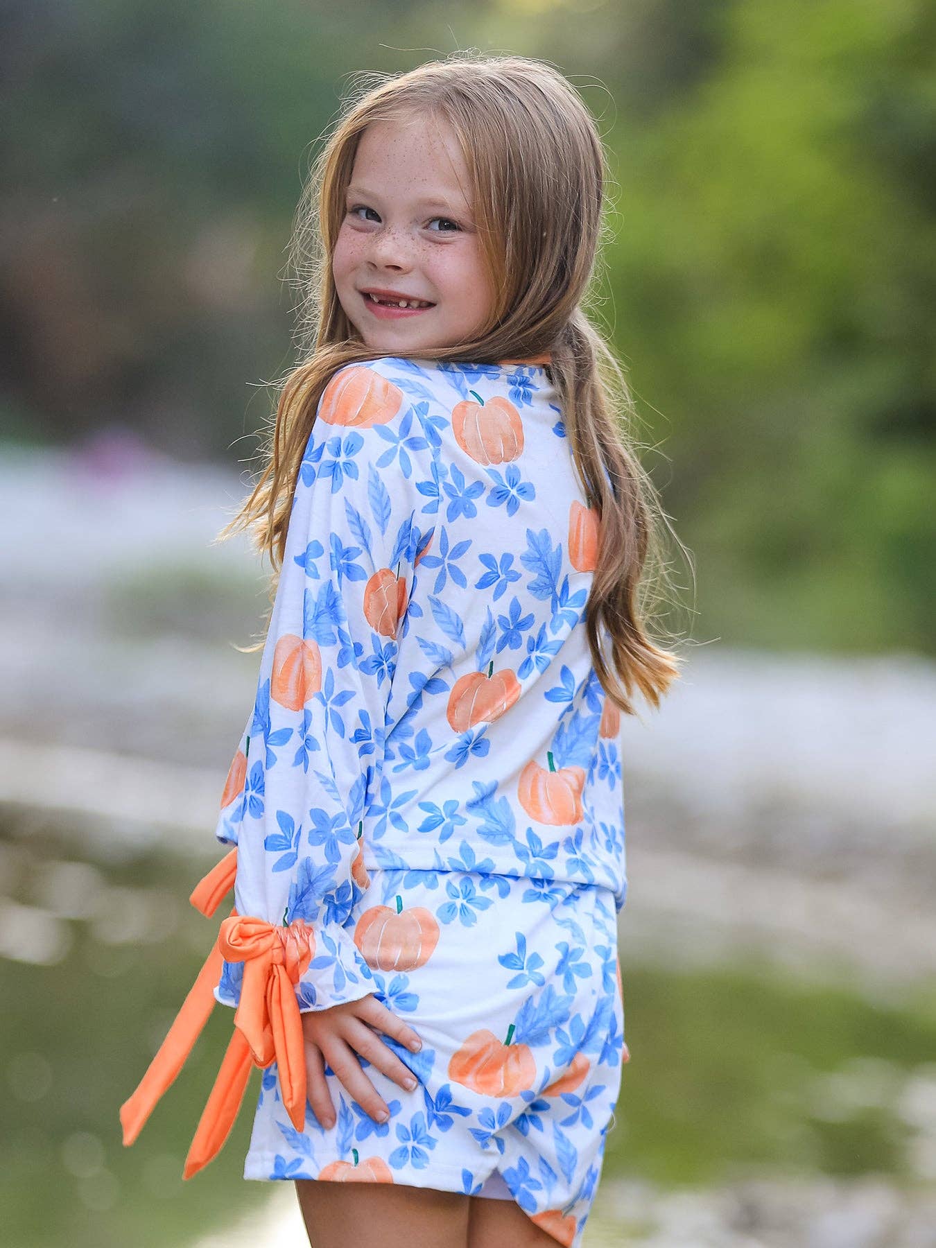 Rylee Faith Designs - Thanksgiving Day Pumpkin Floral Print Girls Pajamas Set